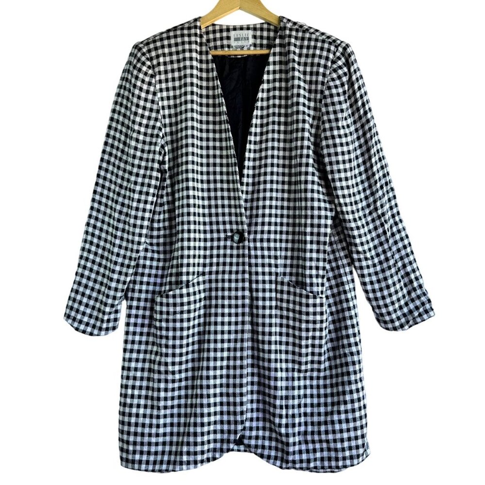 Vintage Leslie Fay Womens Blazer Size 16 Gingham Plaid Preppy Chic Long Button